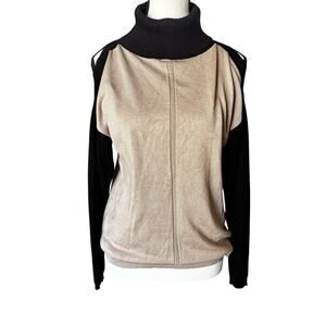 Sienna Sage Turtleneck Sweater Womens Medium Beige Black Cold Shoulder Top
